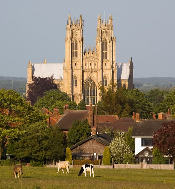 Beverley Minster's twin west towers rising above the rooftops of the town, seen from the Westwood pastures