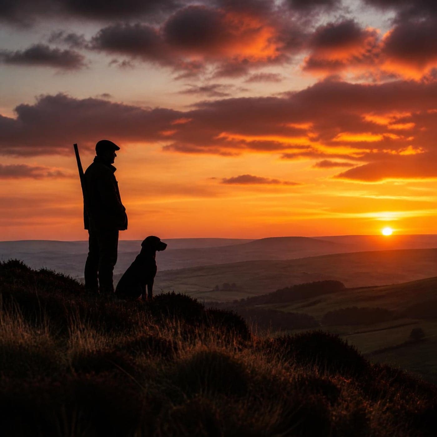 Silhouette of a deer stalker with a rifle and his gun dog watching the sunset over the Yorkshire hills