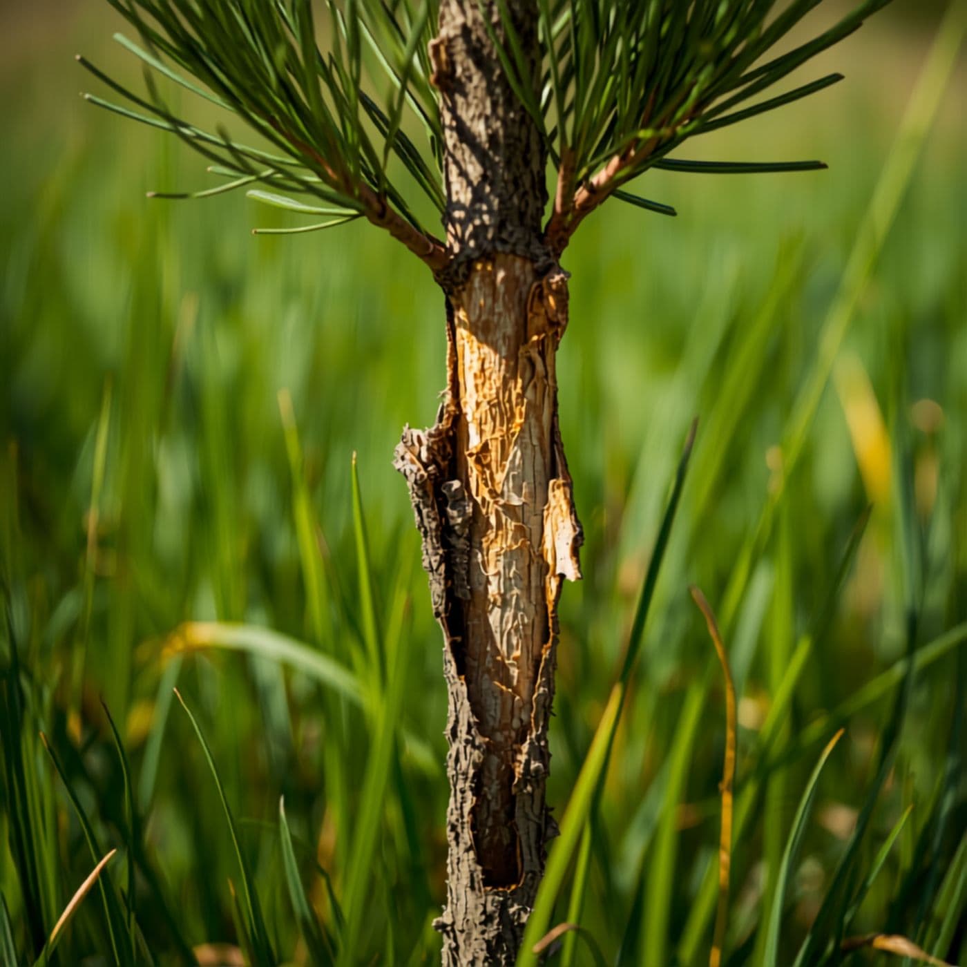 Bark stripped from a young pine sapling by deer, exposing the pale wood beneath, in a grassy woodland clearing