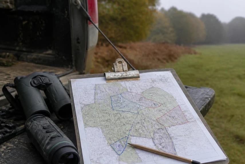 A site map with woodland blocks outlined in red and blue pen, clipped to a clipboard on a pickup tailgate beside binoculars and a thermal monocular, with a misty field and woodland edge behind